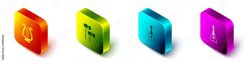 Set Isometric Ancient lyre，Air头戴式耳机，吉他和图标。Vector