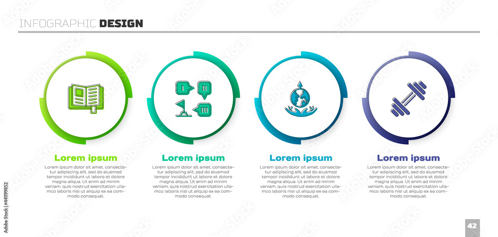 设置阅读书籍、规划战略、世界扩张和哑铃。商业信息图模板.Ve