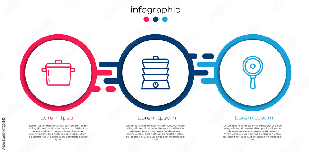 设置线烹饪锅、慢炖锅和煎锅。商业信息图模板。矢量