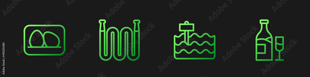设置花园床、鸡蛋、软管和带玻璃的酒瓶。渐变色图标。矢量