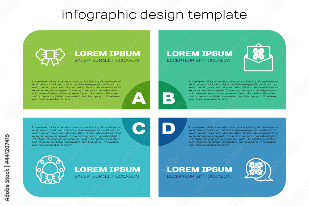 套装圣诞花环、蝴蝶结、雪花演讲气泡和明信片。商业信息图templ