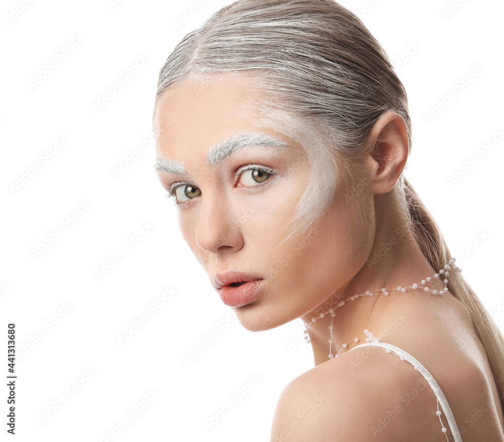 Beautiful young woman with dyed eyebrows on white background