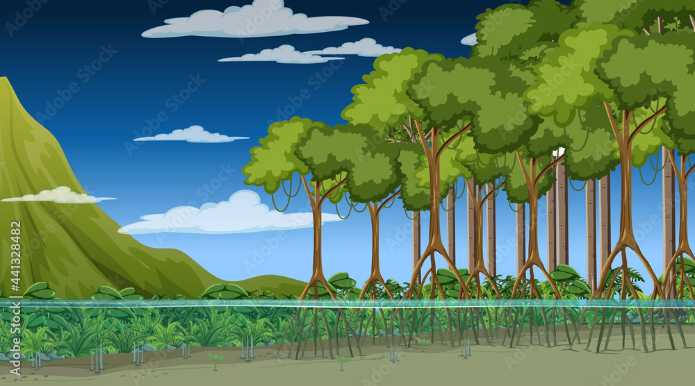 Nature scene with Mangrove forest at night in cartoon style