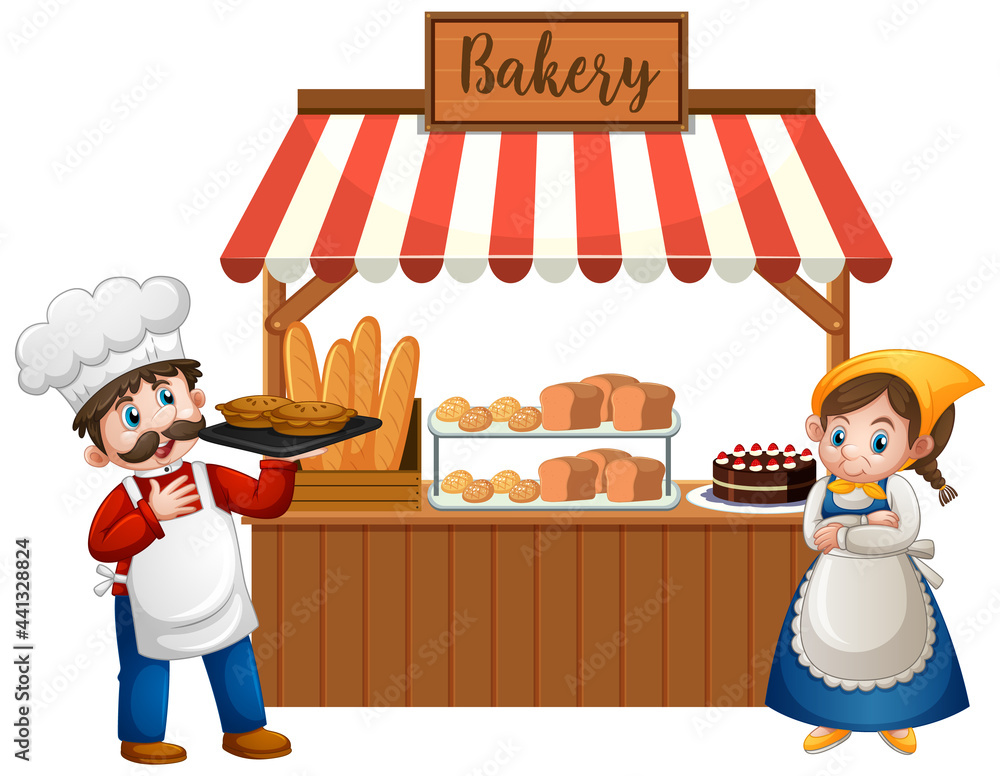 Front of bakery shop with baker isolated on white background