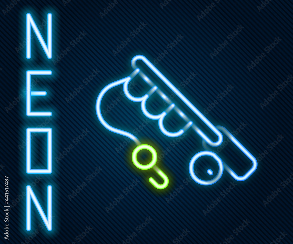 Glowing neon line Fishing rod icon isolated on black background. Fishing equipment and fish farming 