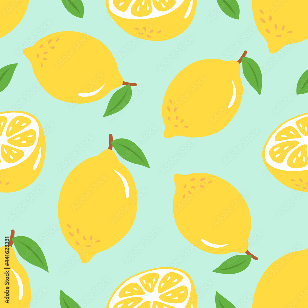 Cute seamless pattern with lemons and leaves. Vector illustration with whole and sliced lemons. Wall