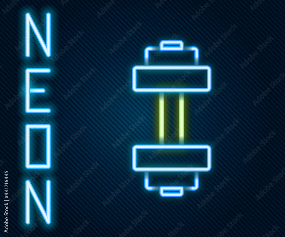 Glowing neon line Dumbbell icon isolated on black background. Muscle lifting icon, fitness barbell, 