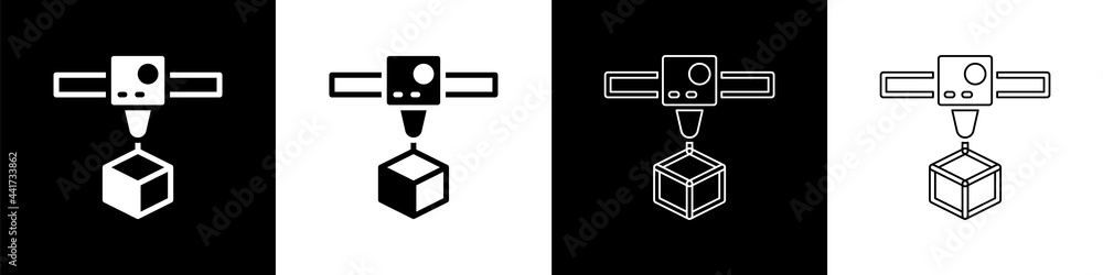 设置隔离在黑白背景上的3D打印机立方体图标。3D打印。矢量