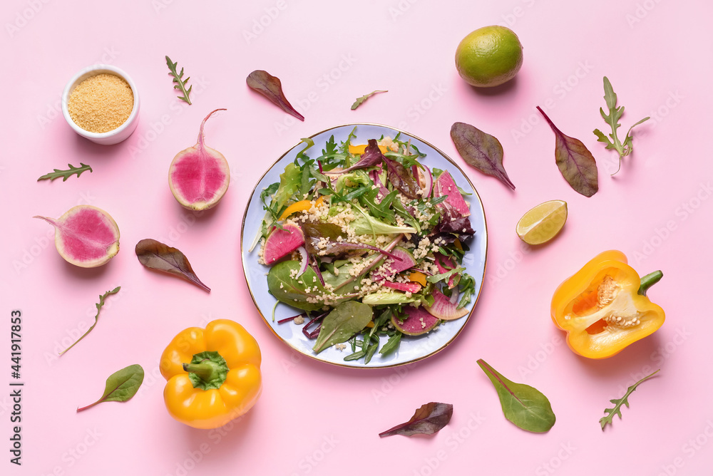 Composition with tasty couscous and vegetables on color background