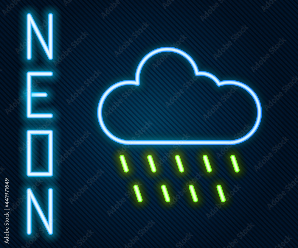 Glowing neon line Cloud with rain icon isolated on black background. Rain cloud precipitation with r