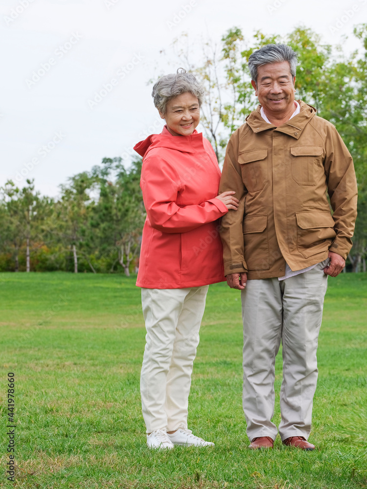 幸福的老夫妇在公园合影