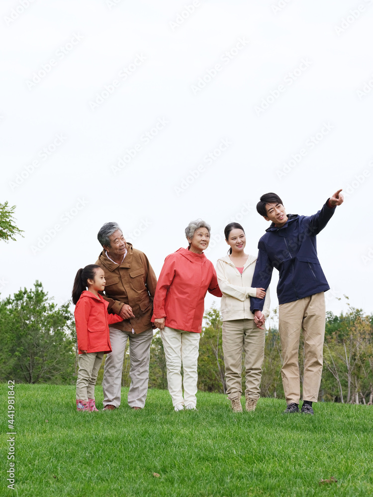 Happy family of five looking at the scenery in the park