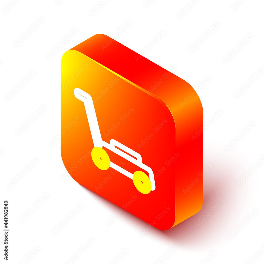 Isometric line Lawn mower icon isolated on white background. Lawn mower cutting grass. Orange square