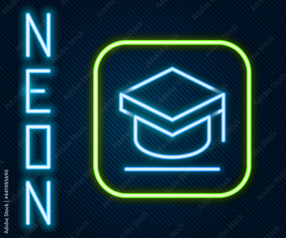 Glowing neon line Graduation cap icon isolated on black background. Graduation hat with tassel icon.