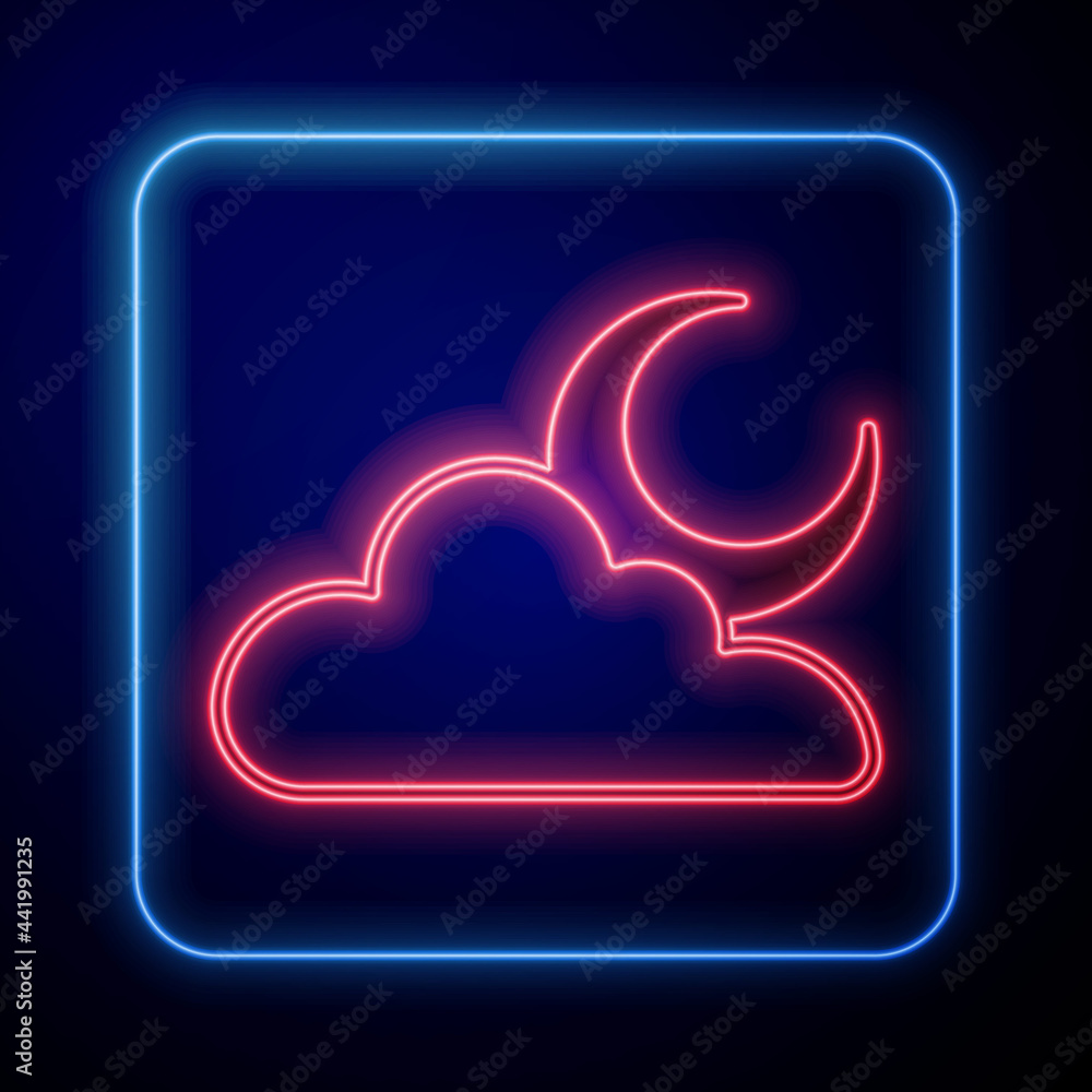 Glowing neon Cloud with moon icon isolated on black background. Cloudy night sign. Sleep dreams symb