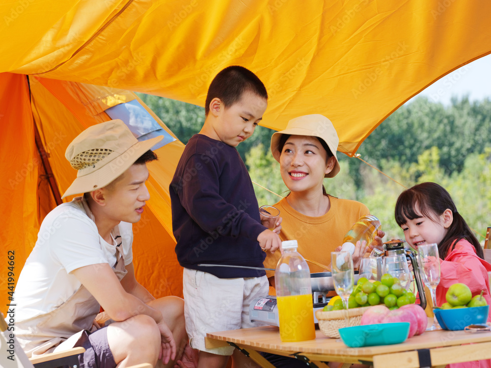 A happy family of four having a picnic outdoors