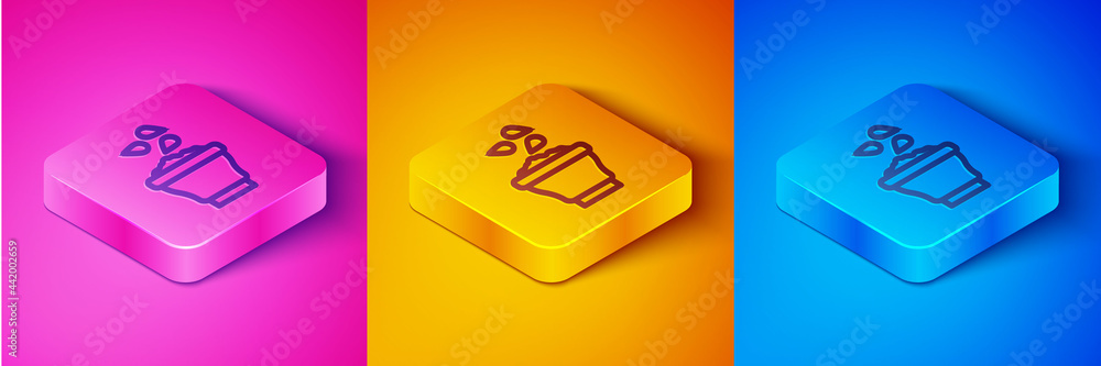 Isometric line Seeds in bowl icon isolated on pink and orange, blue background. Square button. Vecto