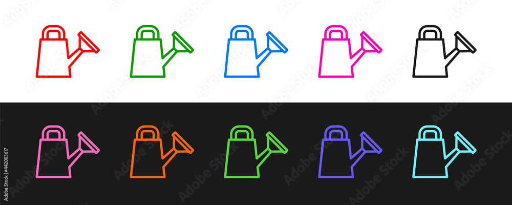 Set line Watering can icon isolated on black and white background. Irrigation symbol. Vector