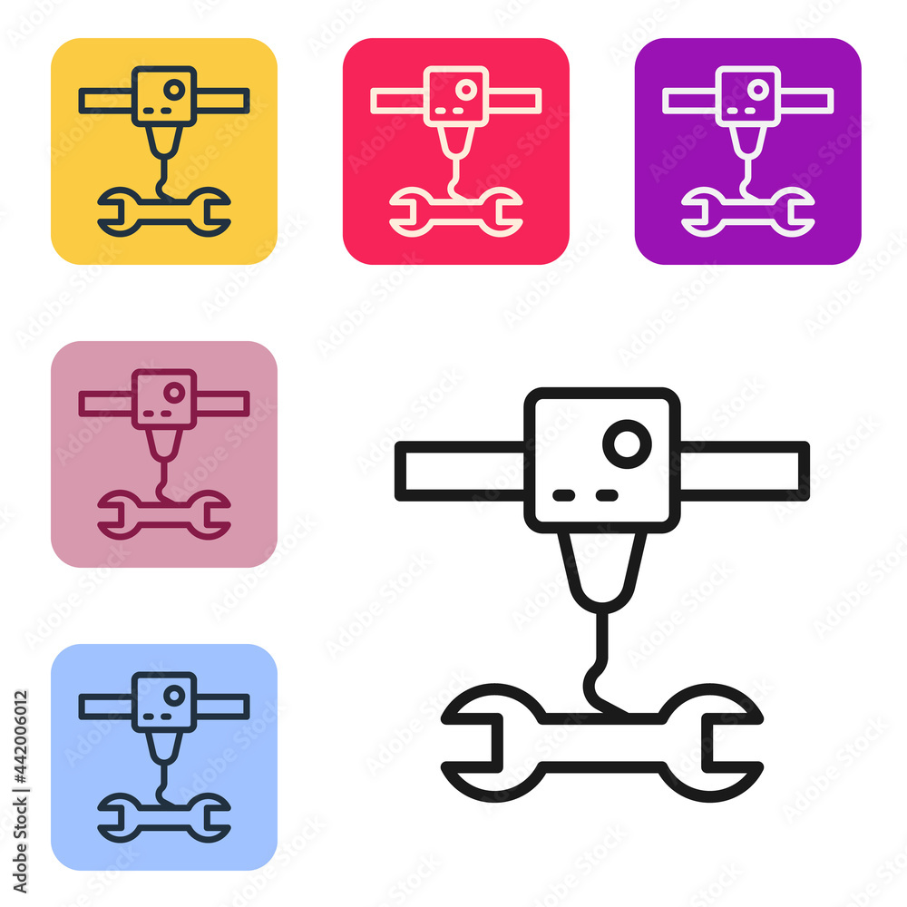黑线3D打印机扳手扳手图标隔离在白色背景上。3D打印。在co中设置图标