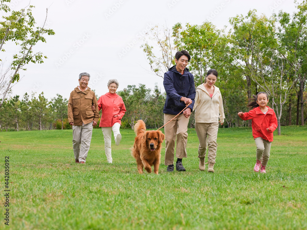 Happy family of five and pet dog walking in the park