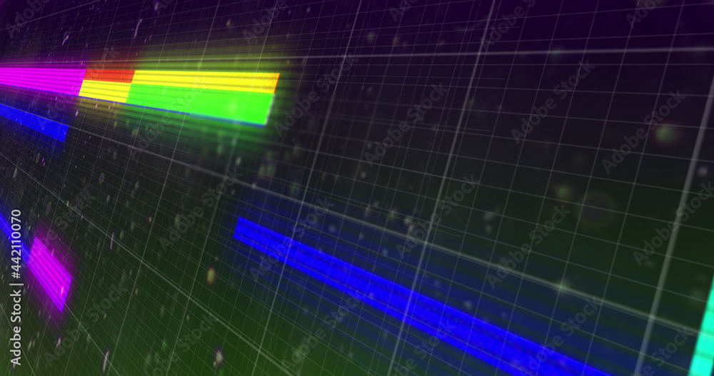 Image of glowing multi coloured scope scanning with markers over grid background