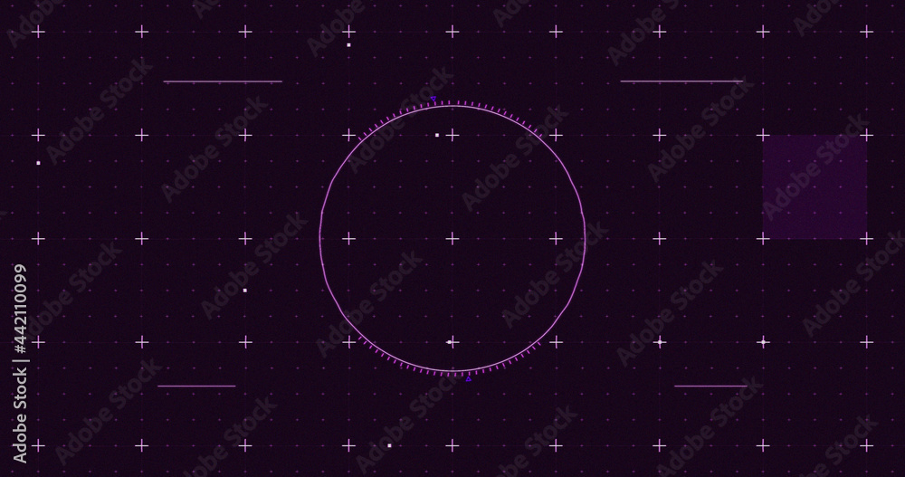 发光的紫色正方形图像和网格背景上的标记范围扫描