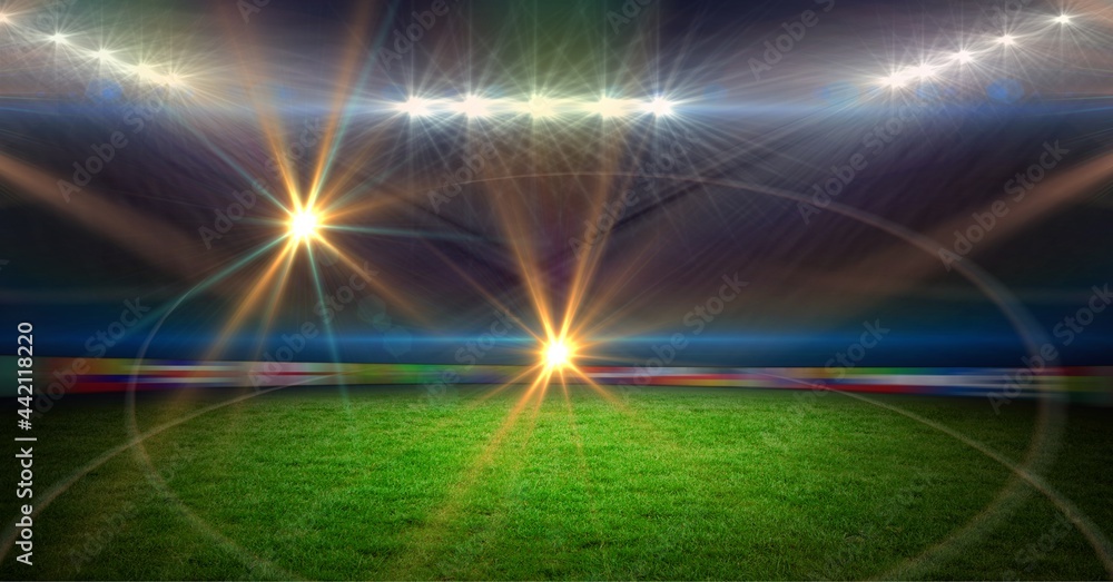 Composition of empty stadium with colourful lights on black background