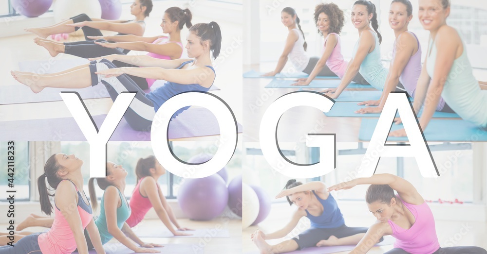 Composition of yoga text over group of fit women at gym