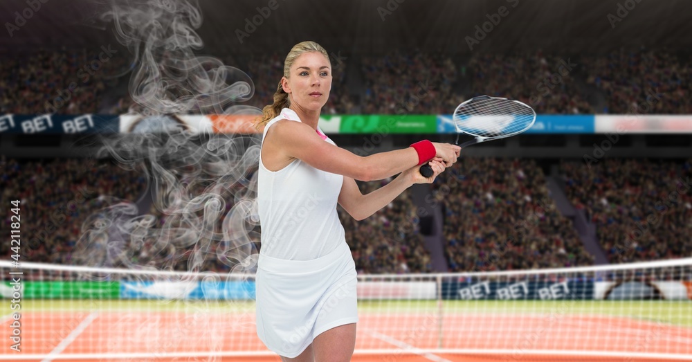 Composition of female tennis player holding tennis racket at tennis court