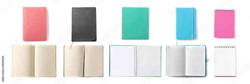 Different notebooks on white background