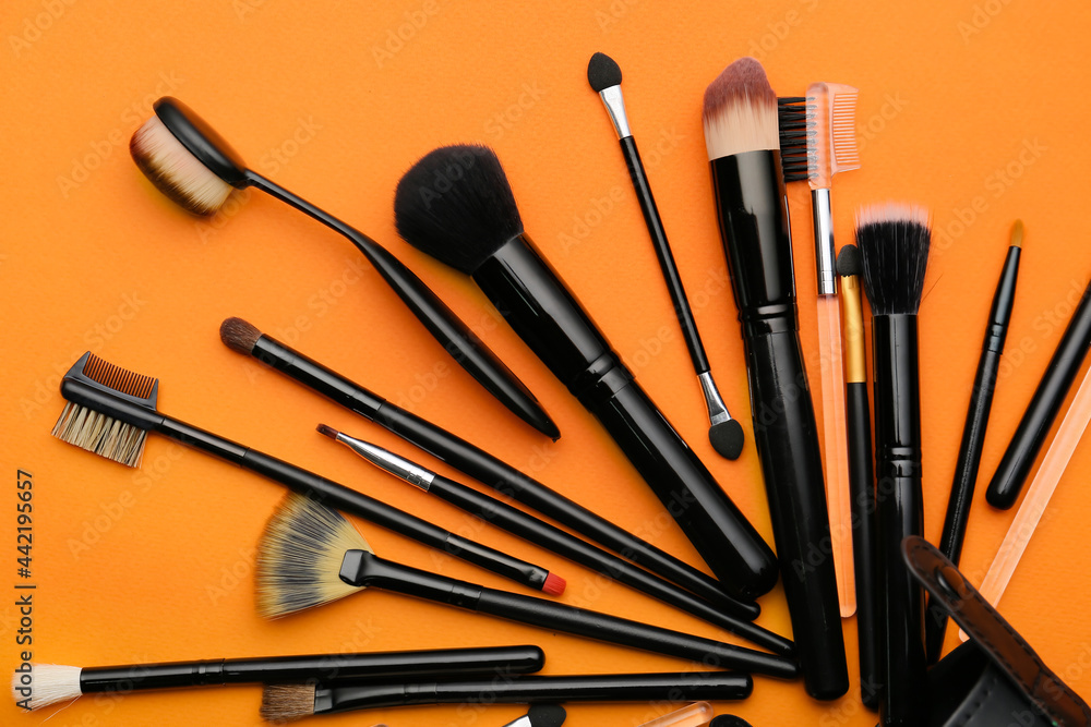 Set of makeup brushes on color background