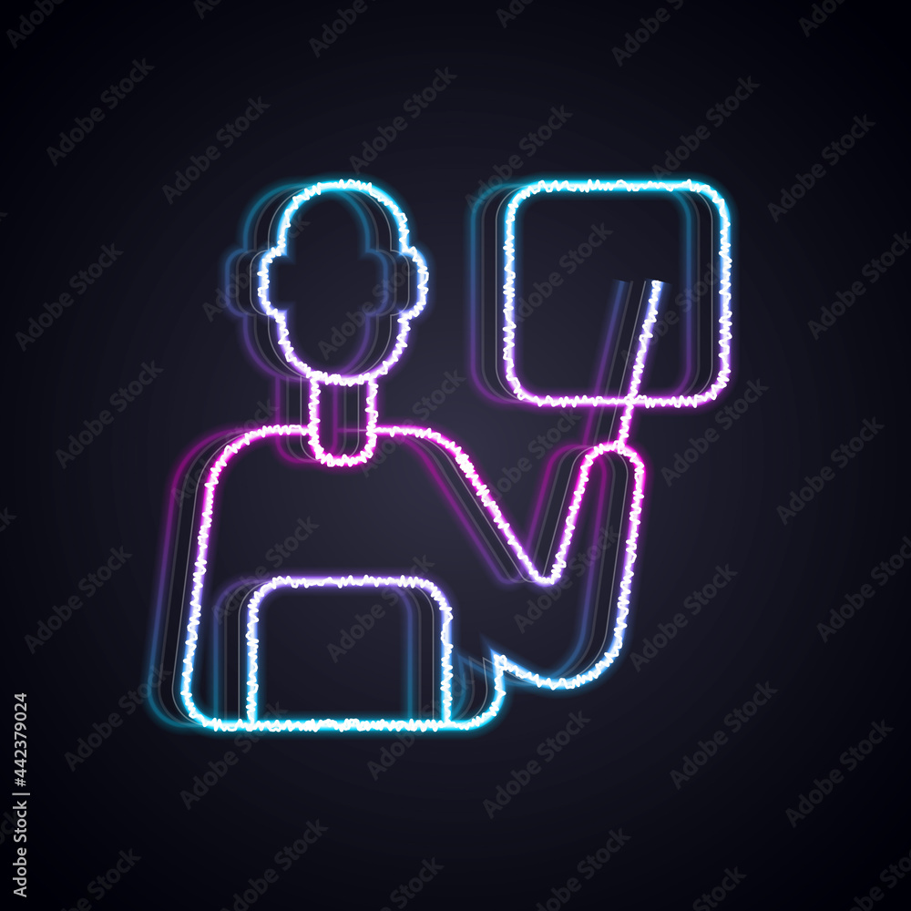 Glowing neon line Teacher icon isolated on black background. Vector