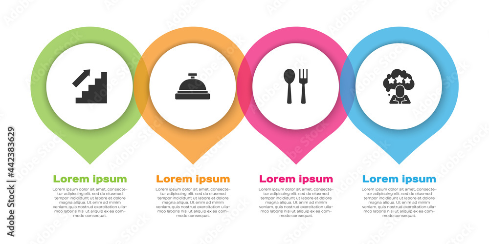 设置楼梯、酒店服务钟、叉子和勺子以及五星评级评论。商业信息图
