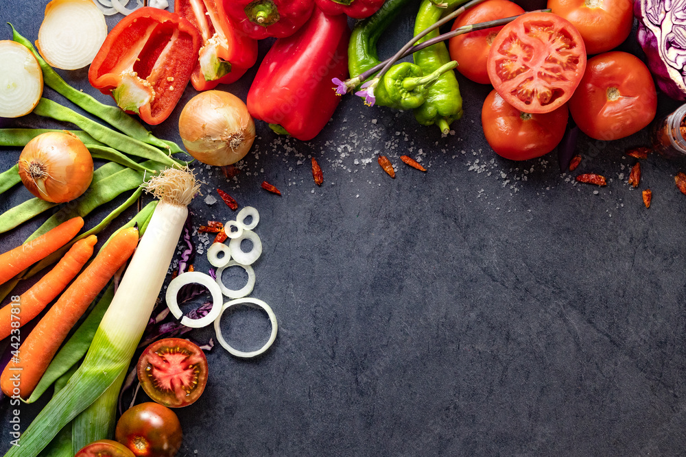 Fondo de comida vegetariana y concepto de recetas de cocina. Alimentos saludables. Colección de verd