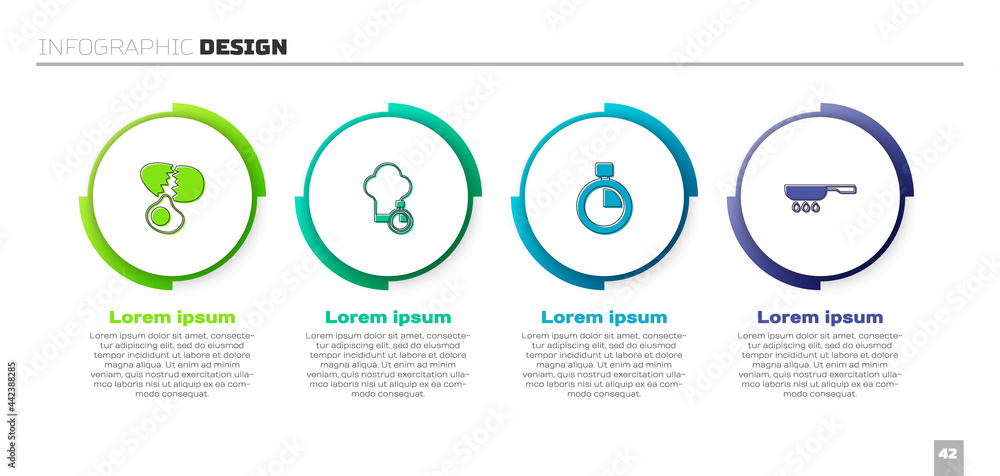设置碎鸡蛋、厨师帽、秒表和煎锅。商业信息图模板。矢量