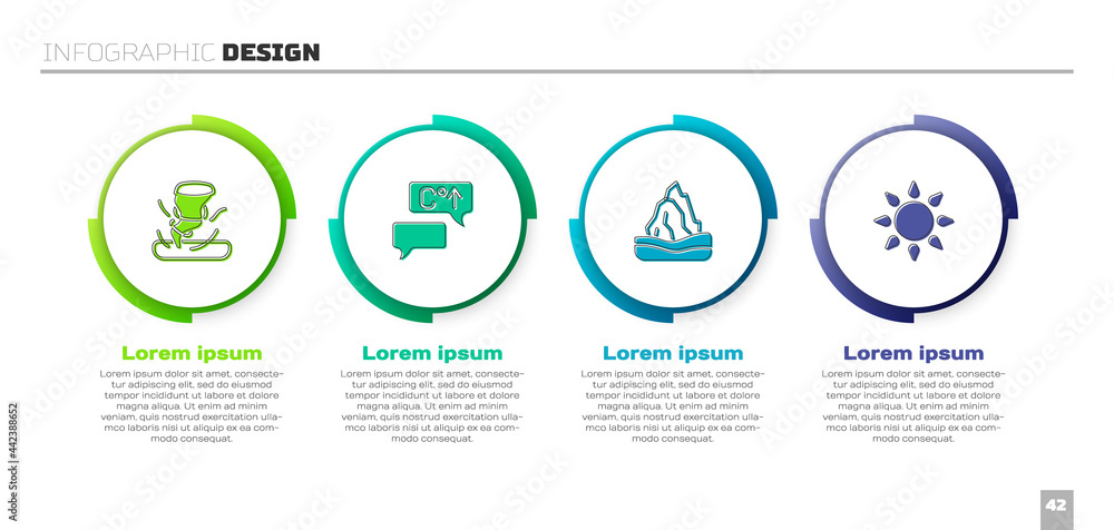 设定龙卷风、全球变暖、冰山和太阳。商业信息图模板。矢量