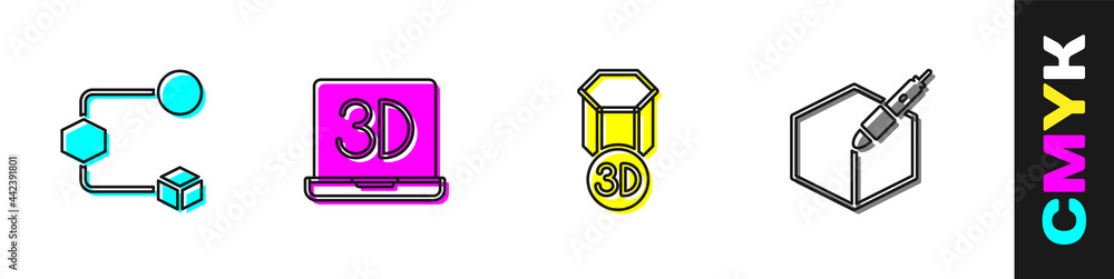 设置等轴测立方体、3D打印机和3D笔工具图标。矢量