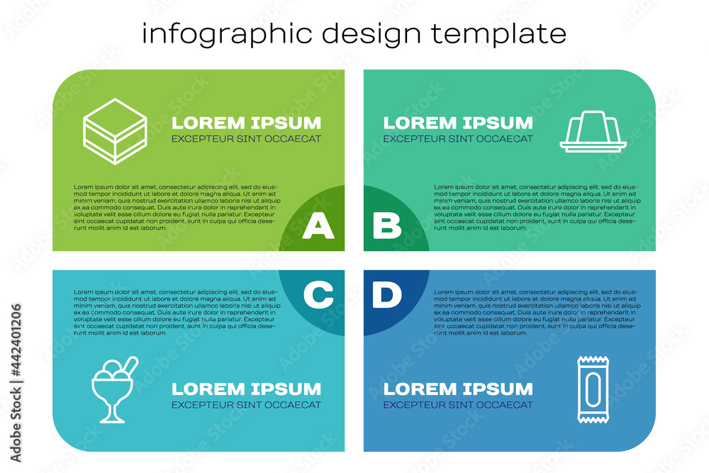 盒装冰淇淋、布朗尼巧克力蛋糕、糖果和果冻。商业信息图模板。