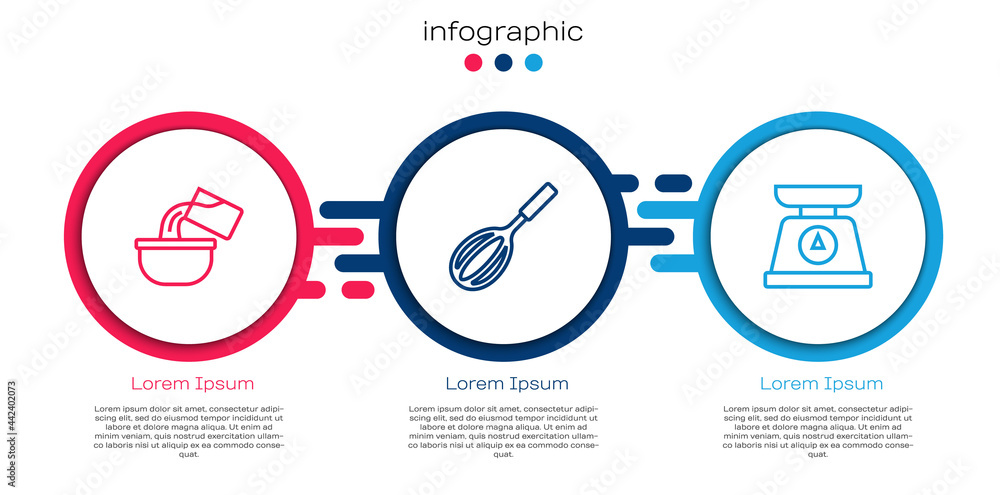 设置线Saucepan，厨房搅拌器和磅秤。商业信息图模板。Vector