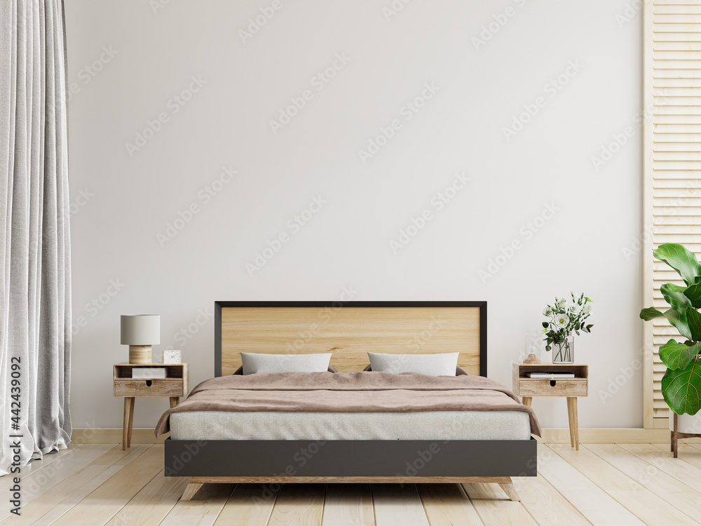 Bedroom interior in farmhouse style,white wall mockup.