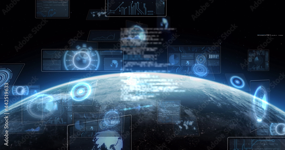 Image of scopes scanning and data processing on screens over globe with glowing horizon