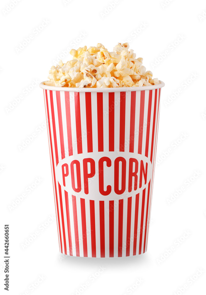 Bucket with tasty popcorn on white background