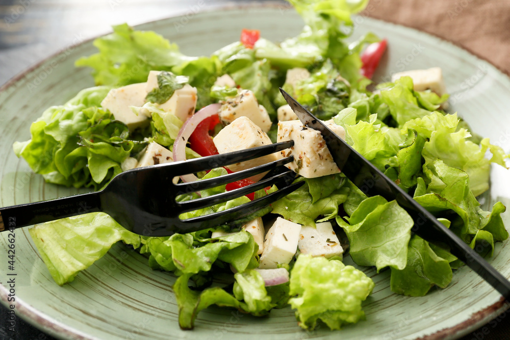 Plate with fresh Greek salad, closeup