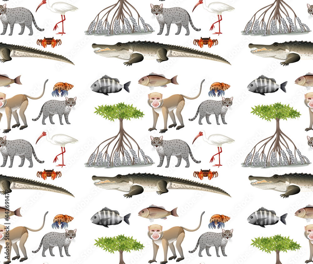 卡通风格的各种红树林动物无缝图案