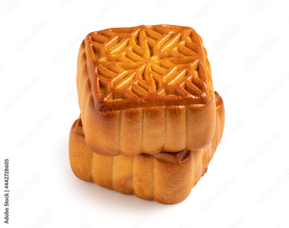 Delicious moon cake for Mid-Autumn Festival food isolated on white table background.