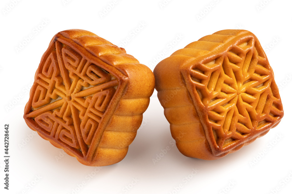 Delicious moon cake for Mid-Autumn Festival food isolated on white table background.