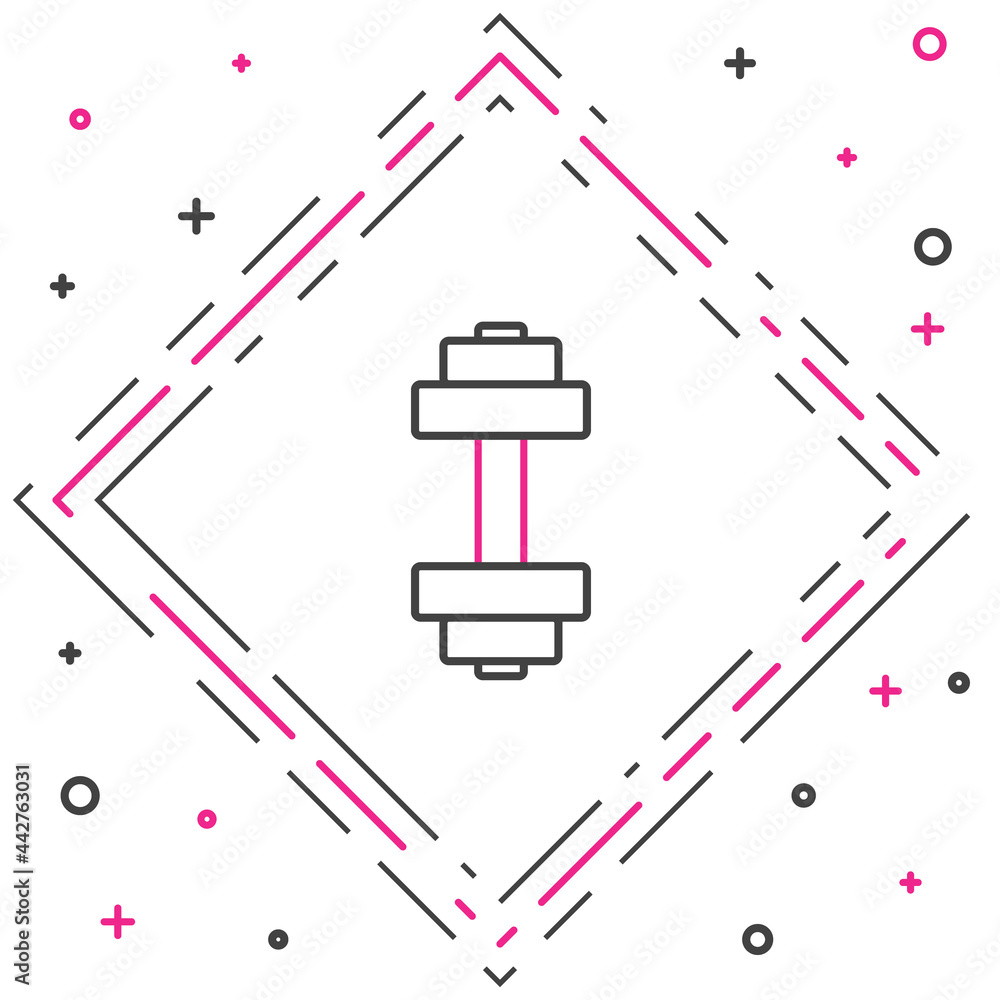 白色背景上隔离的线条哑铃图标。肌肉提拉图标、健身杠铃、健身房、运动e
