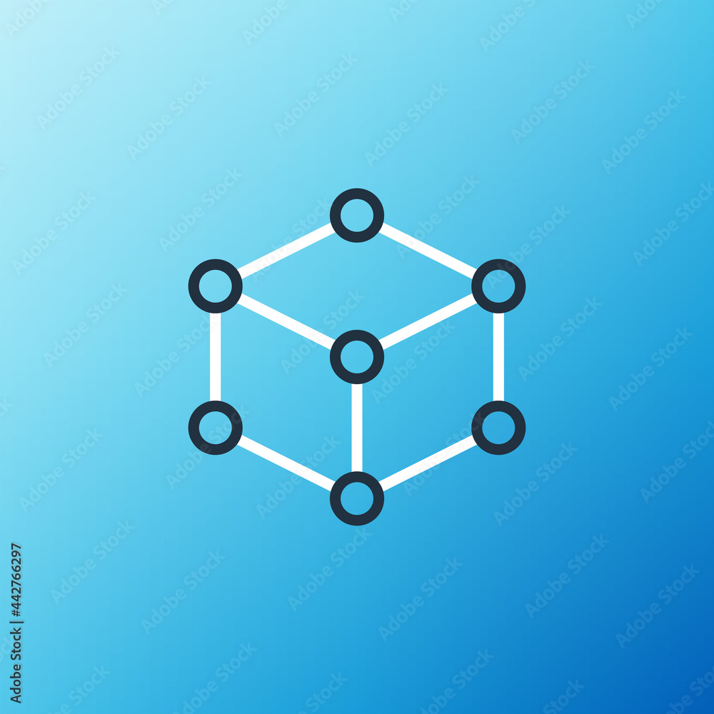 蓝色背景上隔离的线等轴测立方体图标。几何立方体实心图标。3D方形符号。Bo