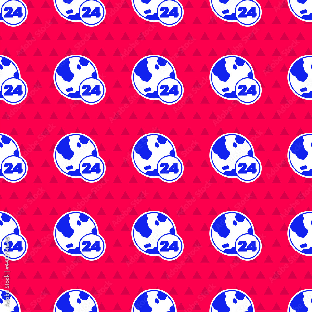 Blue Telephone 24 hours support icon isolated seamless pattern on red background. All-day customer s