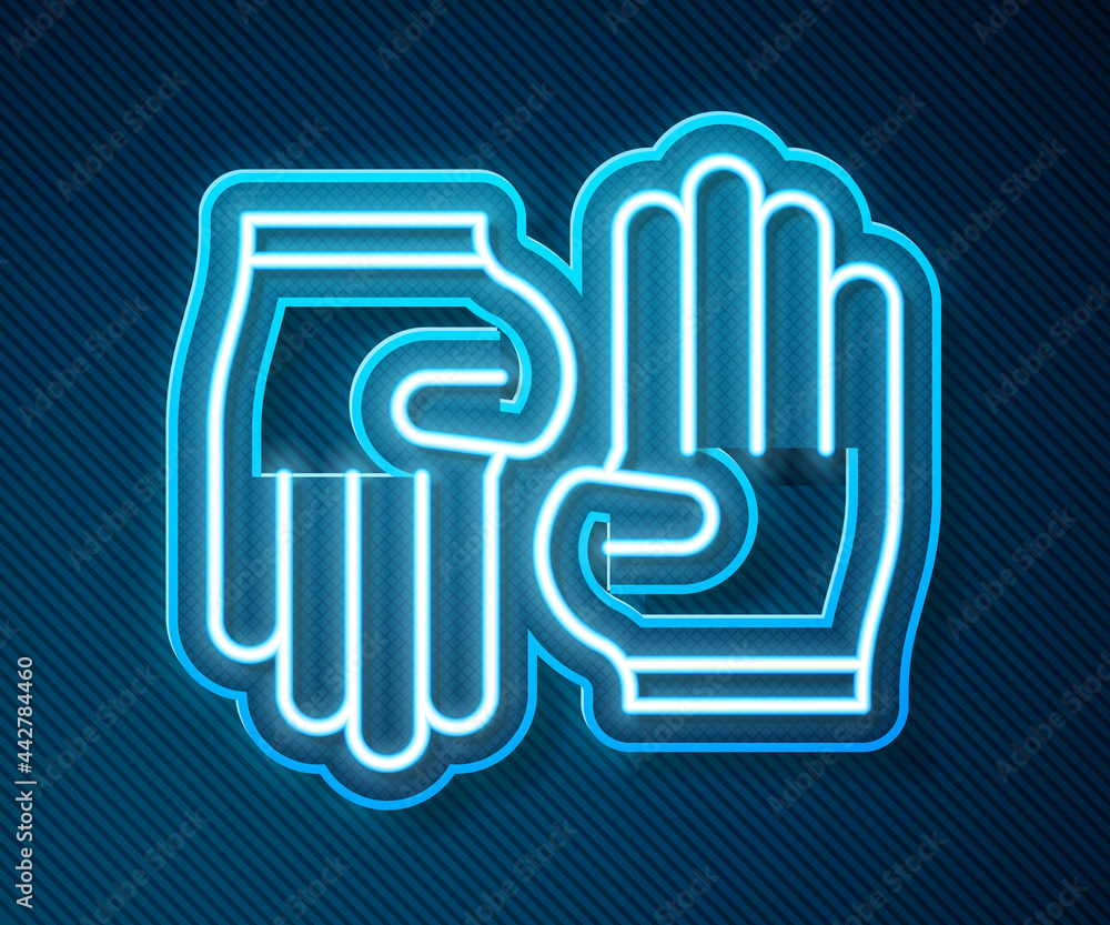 Glowing neon line Rubber gloves icon isolated on blue background. Latex hand protection sign. Housew